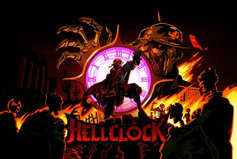 游戏封面宣传图，展示主角手持武器面对地狱之门的场景