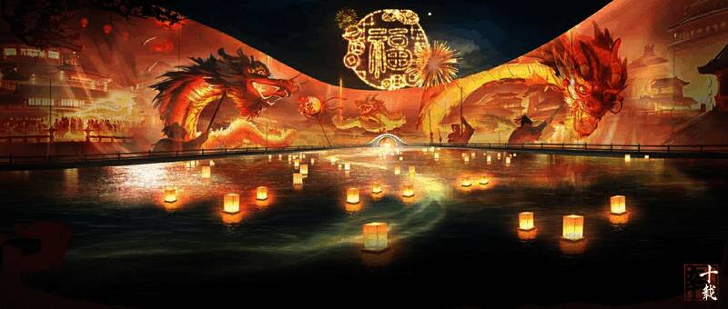 春节庆典活动预告图，展示舞龙迎春、战棋对战等玩法