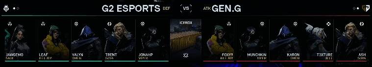 G2与Gen.G选手在森寒冬港地图中的英雄选择界面截图