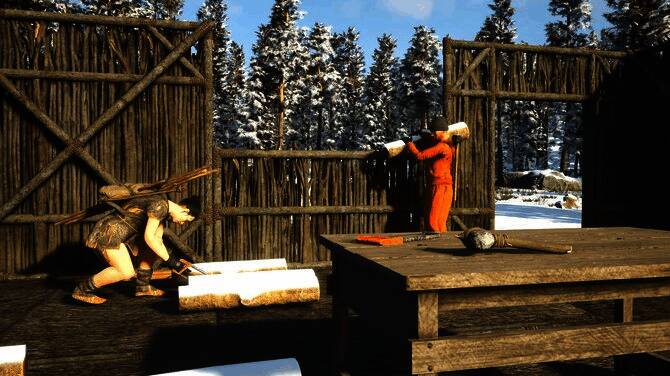 玩家在夜晚环境中潜行，远处有篝火与敌对势力活动