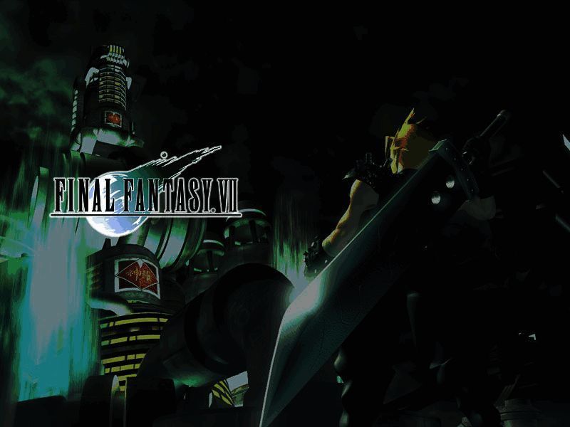 《最终幻想7》经典封面画面，主角克劳德手持巨剑，背景为末世风格都市