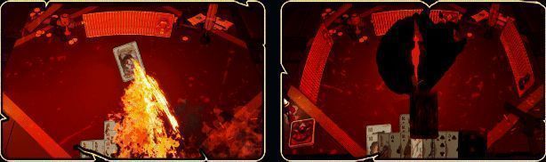 角色技能演示画面，展现火焰喷射与牌面燃烧特效