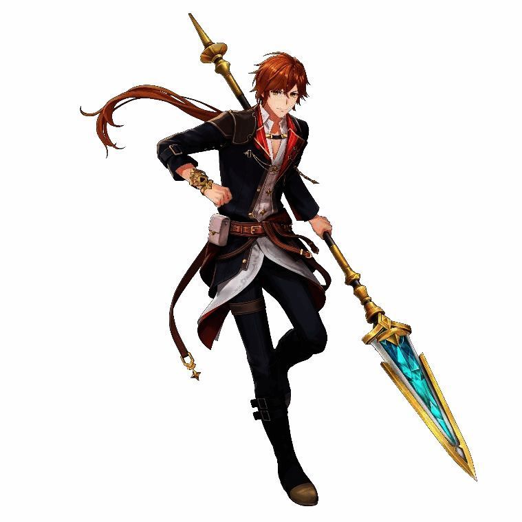 史雷·库洛斯利塔角色设定图，身穿风衣，手持发光装置