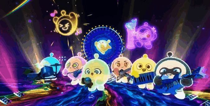 蛋仔们在透明看台上排排坐，兴奋地等待新年到来