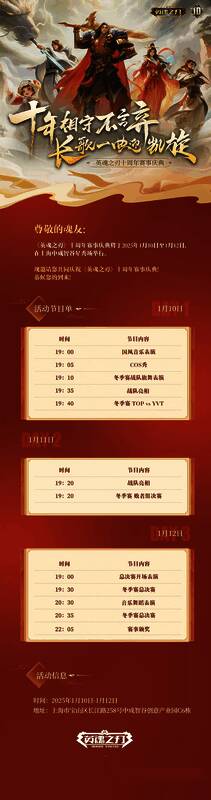 英魂之刃十周年线下活动节目单预告图，列出每日演出安排与嘉宾名单