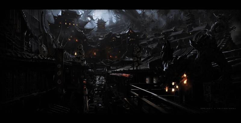 狮驼国夜晚场景概念图，月光下的废墟与阴影交错