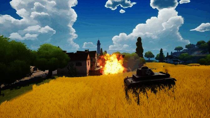 第一人称视角下，士兵穿越战火纷飞的废墟区域