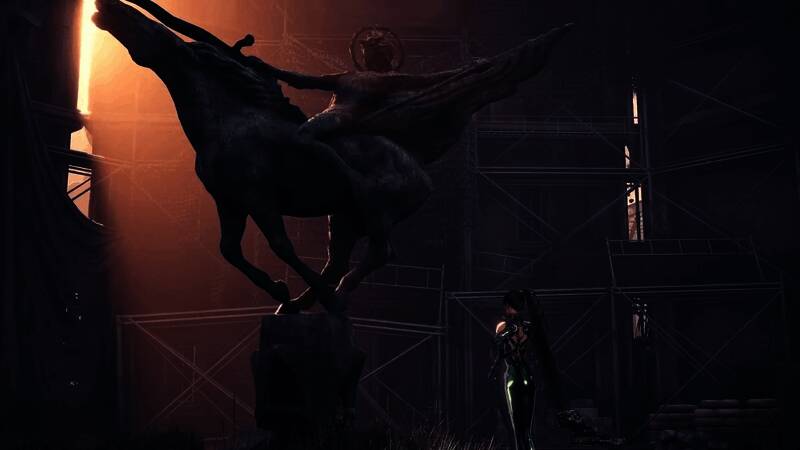 伊芙微笑表情特写，背景是科幻风格的城市景观