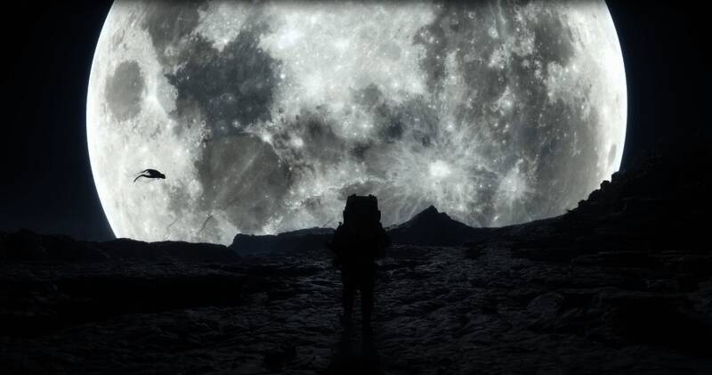 《死亡搁浅2》游戏宣传画面，主角身着战斗装备穿越废墟