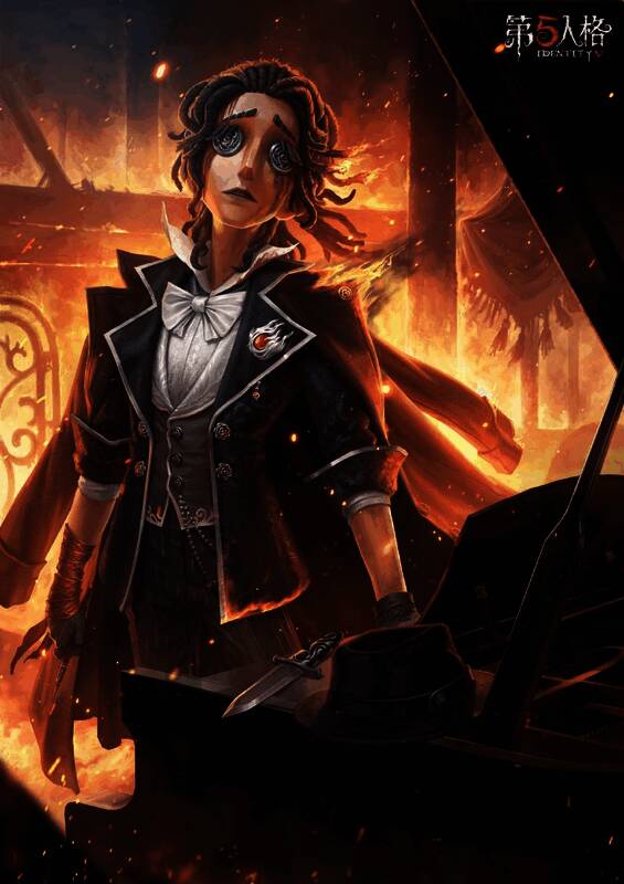 作曲家乔治身着黑色燕尾服，燃烧的舞台背景，头发与衣角被火焰吞噬，画面悲壮