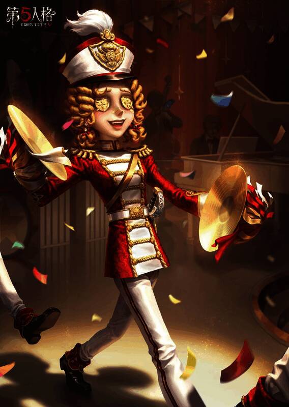 拉拉队员身穿华丽红白礼服，头戴羽毛礼帽，手持金色锣鼓，神采飞扬