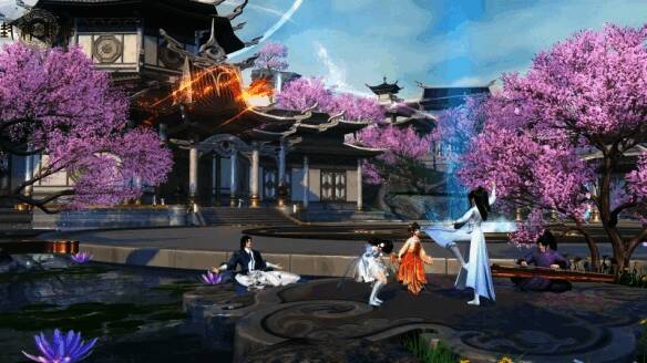 玉虚宫修行场景，玩家角色盘膝而坐，周围灵气缭绕