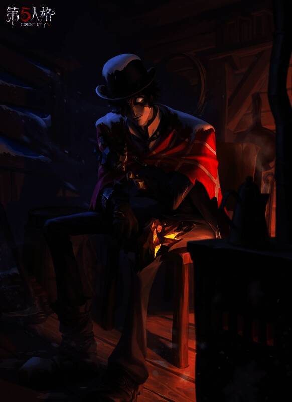 淘金客身穿黑色西装，披着红白格子毛毯，帽子上积雪厚重，神情凝重