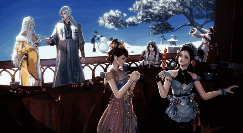 天涯明月刀冰雪节主视觉图，江湖少侠在雪景中舞剑