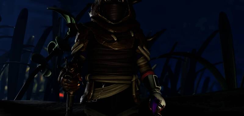 玩家身着炫目护甲站在岩石上，身后是广袤的森林环境