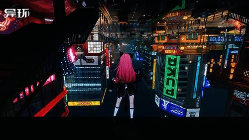 《异环》游戏场景图，展现繁华都市街景与角色探索画面