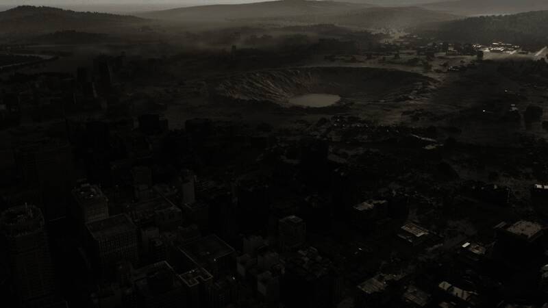 游戏实机画面截图，展示格蕾丝在废墟中搜寻线索的细节