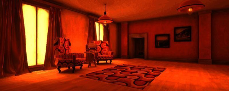 游戏中主角站在一个倒置的房间内，墙壁和家具呈非欧几里得结构排列