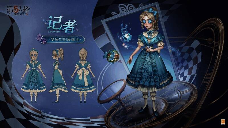 爱丽丝身旁有一只带有时钟的小兔子，画面充满童话气息