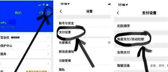 支付宝免密支付设置页面，展示自动续费项目管理界面
