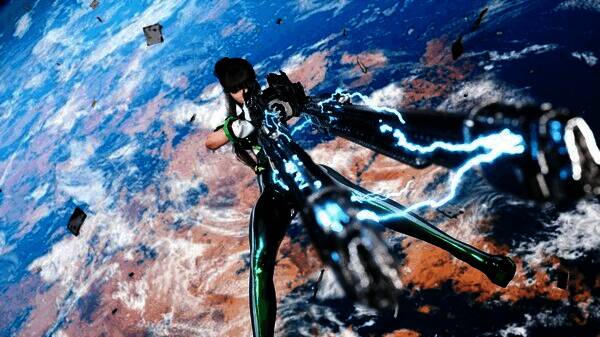 《剑星》游戏场景截图，主角伊芙手持武器站立于废墟之中，背景是灰暗的天空和残破的城市轮廓