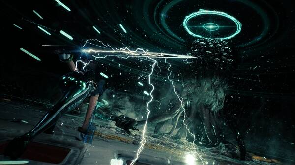 战斗画面特写，伊芙正在与巨型怪物展开激烈对抗，技能特效华丽炸裂