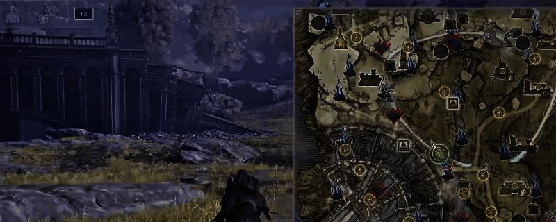 玩家角色站在火山边缘俯瞰整个战场，远处可见火焰精英怪出没