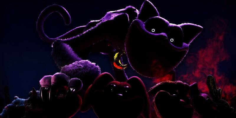 《波比的游戏时间》第四章游戏画面，主角身处废弃工厂内部，灯光昏暗充满压迫感