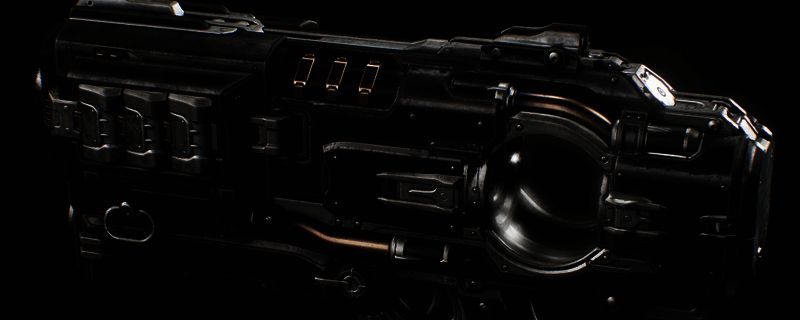 《毁灭战士：黑暗时代》加速器武器展示图，武器外观科技感十足，枪身泛着蓝光