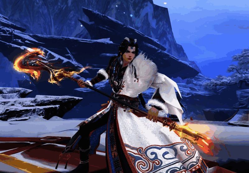 男款雪域藏云展示，身穿藏风长袍，手持武器英武非凡