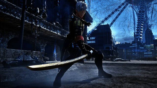 主角身着战斗装束，手持武器，眼神坚毅地望向前方