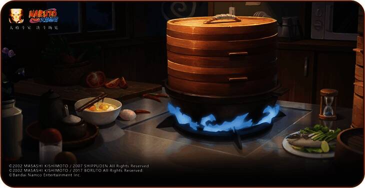 庆典厨房界面，蒸笼冒出热气，食物图标排列整齐