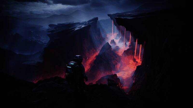 游戏中角色站在异星表面，背景是巨大的残骸与星空