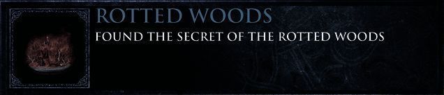 玩家角色在腐败森林中探索，前方是一座带有红旗标记的堡垒建筑