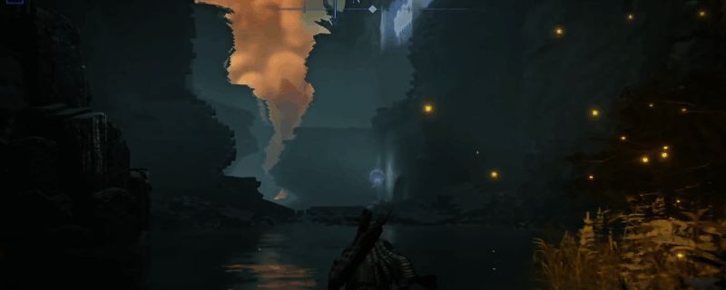 游戏地图界面展示陨石坑位置标记，玩家角色站在神秘洞穴前准备探索