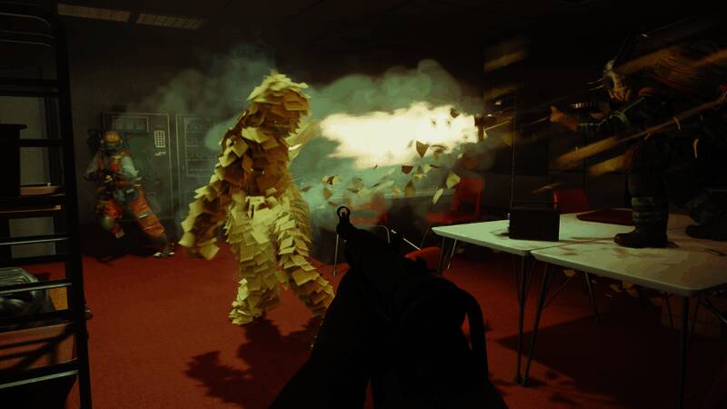 《FBC：Firebreak》中玩家组队作战，场景充满科幻与荒诞元素