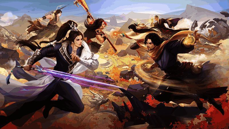 游戏内激烈战斗画面，多个角色在战场中奋力厮杀，技能特效绚丽