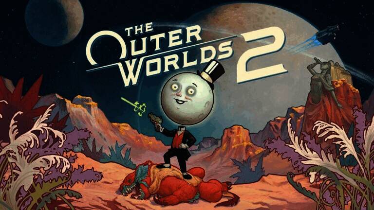 《天外世界2》官方宣传图，展现阿尔卡迪亚殖民地的荒诞与混乱场景