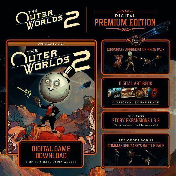 《天外世界2》预购奖励内容展示，包括武器皮肤与宠物外观