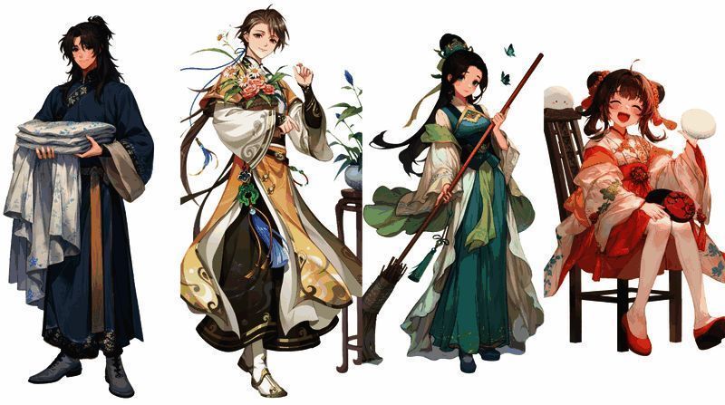 新船员清泉形象展示，身着传统服饰，手持鱼竿，面带微笑