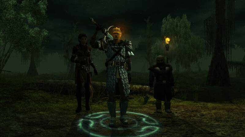 游戏中角色在废墟中探索，背景为阴沉天空与远方的城堡轮廓