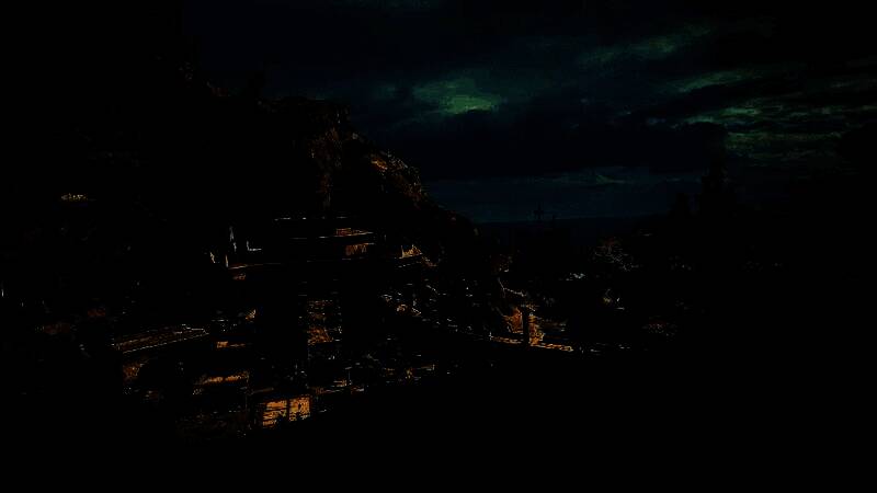 游戏内解谜场景，索菲亚操作发光装置，周围石墙缓缓移动开启通道