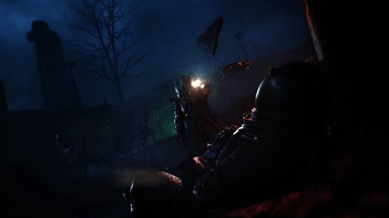 主角手持武器穿越废墟，远处有巨型怪影逼近