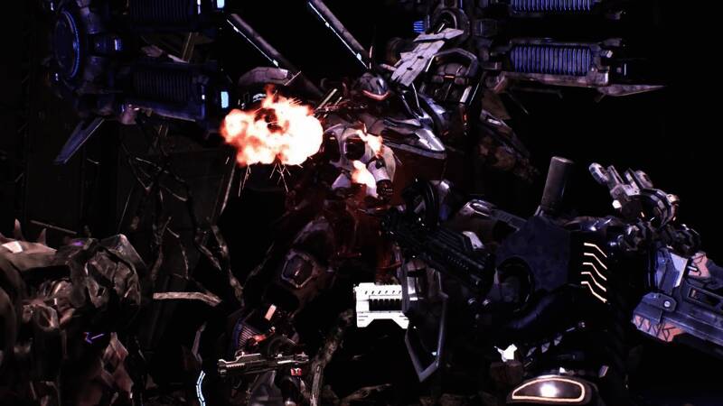 玩家驾驶机甲飞跃峡谷，身后有敌人追击，场景充满爆炸特效