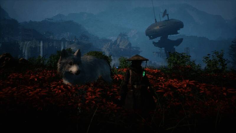 游戏主视觉图，展现主角艾玛与她的爱犬古在废墟城市中前行的剪影画面