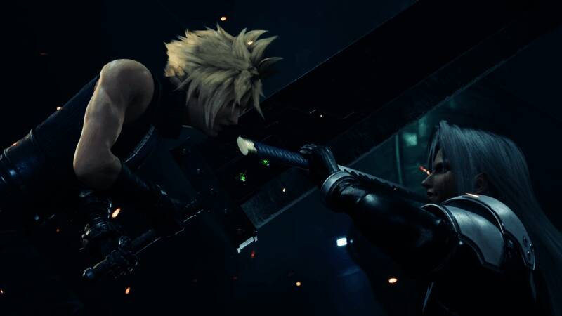 《最终幻想7重制版Intergrade》克劳德战斗特写，背景为米德加城市夜景