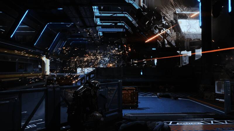 游戏画面展示飞船内部结构与角色互动场景，科技感十足