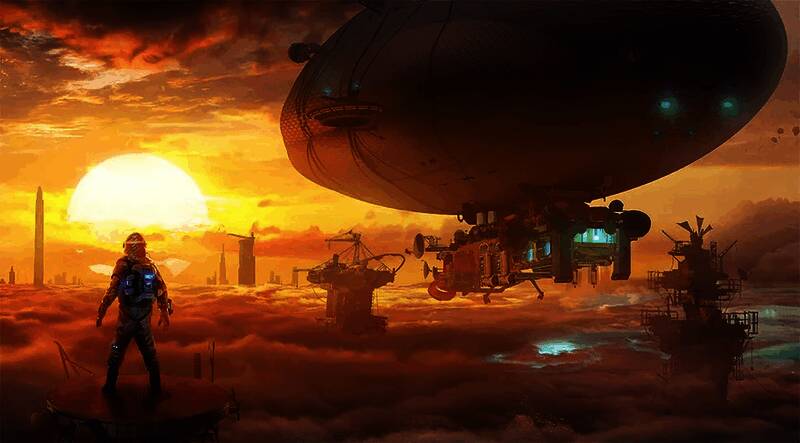 《永恒天空》游戏画面，展示漂浮在空中的岛屿与玩家操控的飞艇