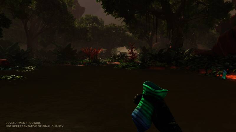 角色站在高处俯瞰火星地底广阔地貌，远处可见巨大洞穴入口