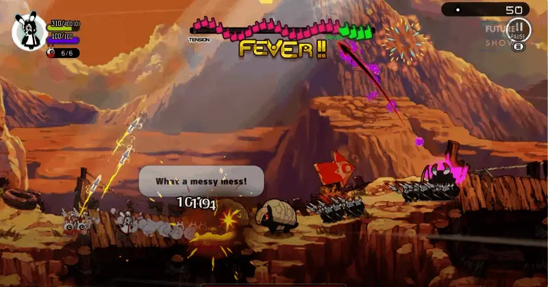 《Ratatan》游戏截图，展示色彩斑斓的卡通风格世界与欢快的音乐战斗场景